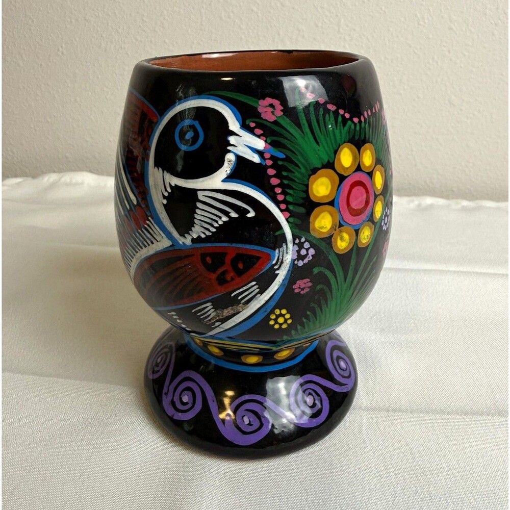 Mexican Folk Art Pottery Vase Hand Painted Black Folkloric Duck Bird Floral